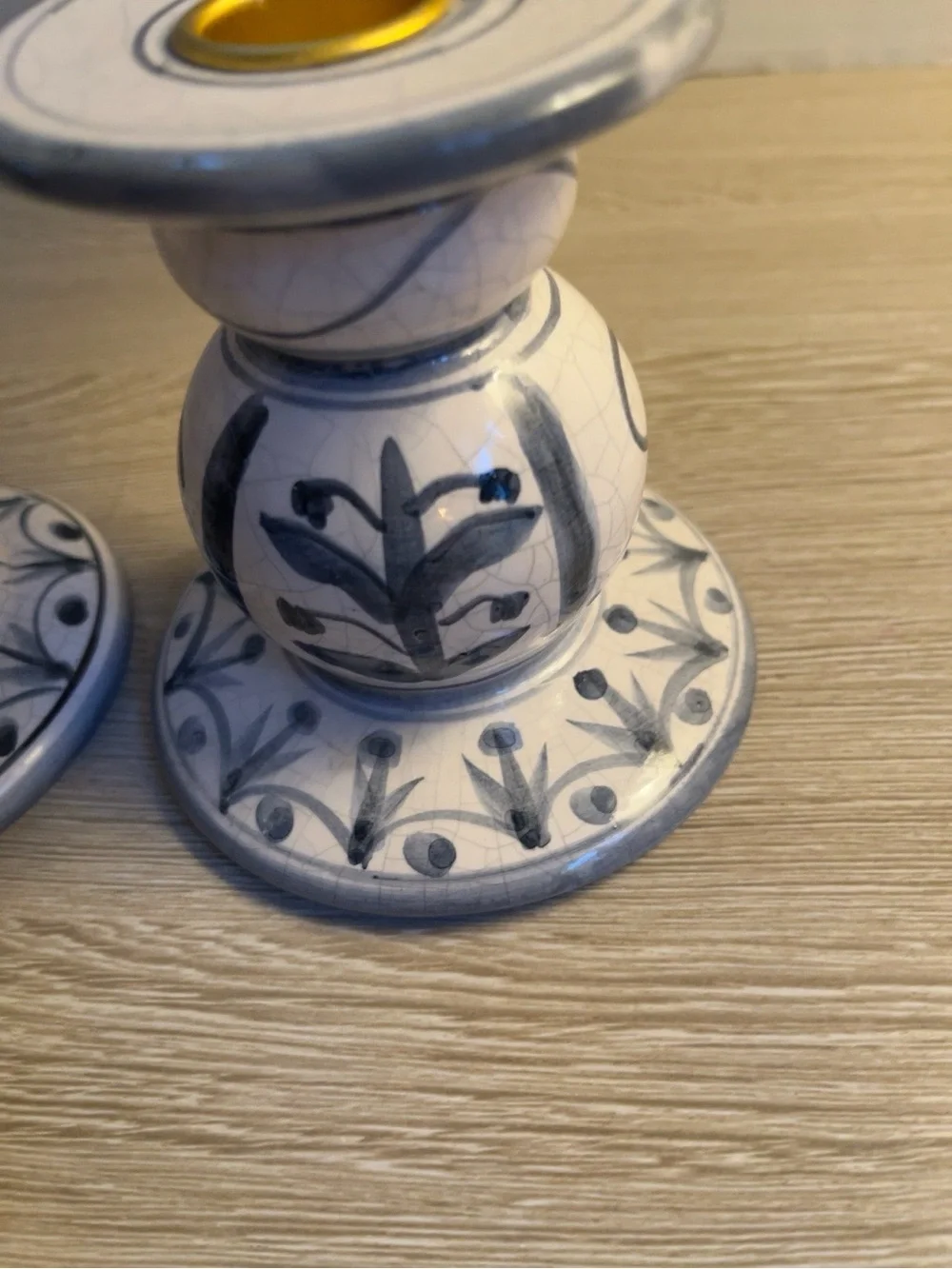Blue White Crackle Glaze Ceramic Candlestick Holders Set 2 Folk Art 6.5” 4.5”